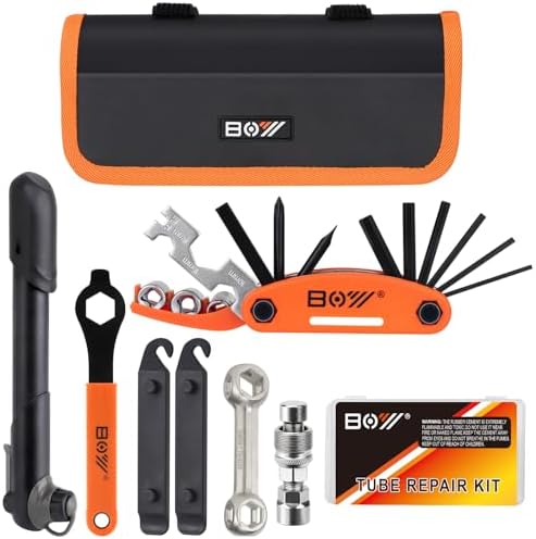 Bicycle Repair Bag With Tire Pump, Portable Tool Kit for Camping Travel - Bike Glueless Patches, Maintenance Essentials All in One Safety Kit