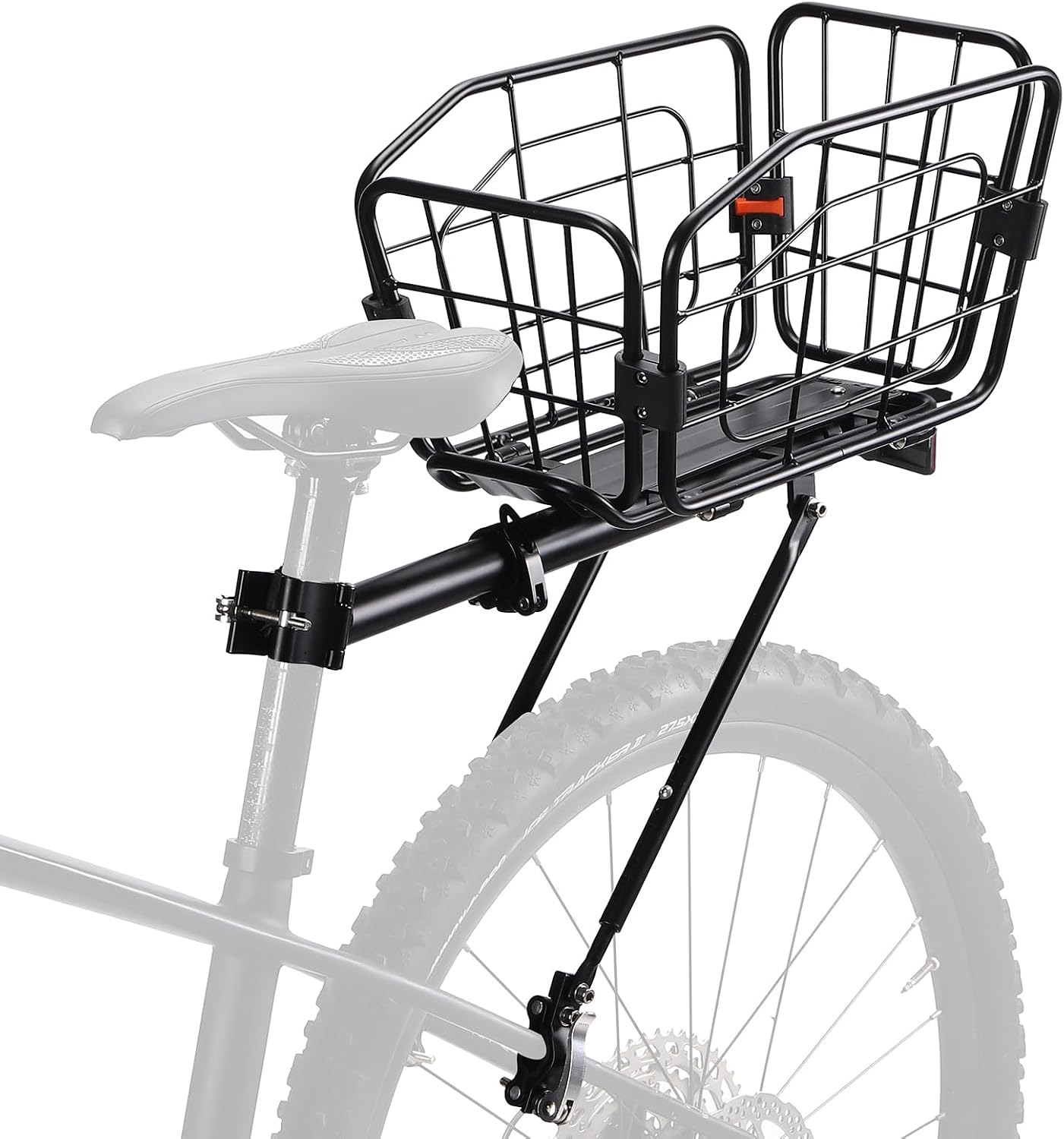 Rear Bike Rack with Basket, 165 LB Load - Aluminum Alloy Cargo Rack for Back of Bike with Free Bungee Cord & Waterproof Cover & Installation Tool