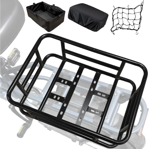 Rear Bike Basket/Cargo Rack for E-Bikes, Universal Carrier with Cargo Net, Rain Cover & Tool-Free Mounting