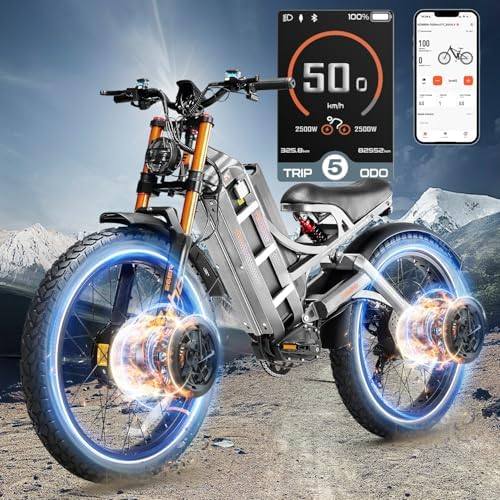 eAhora Romeo Pro 3 Electric Bike for Adults, 50Mph/5600W Dual Motor Ebike, 60V 80Ah 235+Miles Long Range, 26 * 4.0" Fat Tire Full Suspension Electric Mountain Bike, APP Control, All T