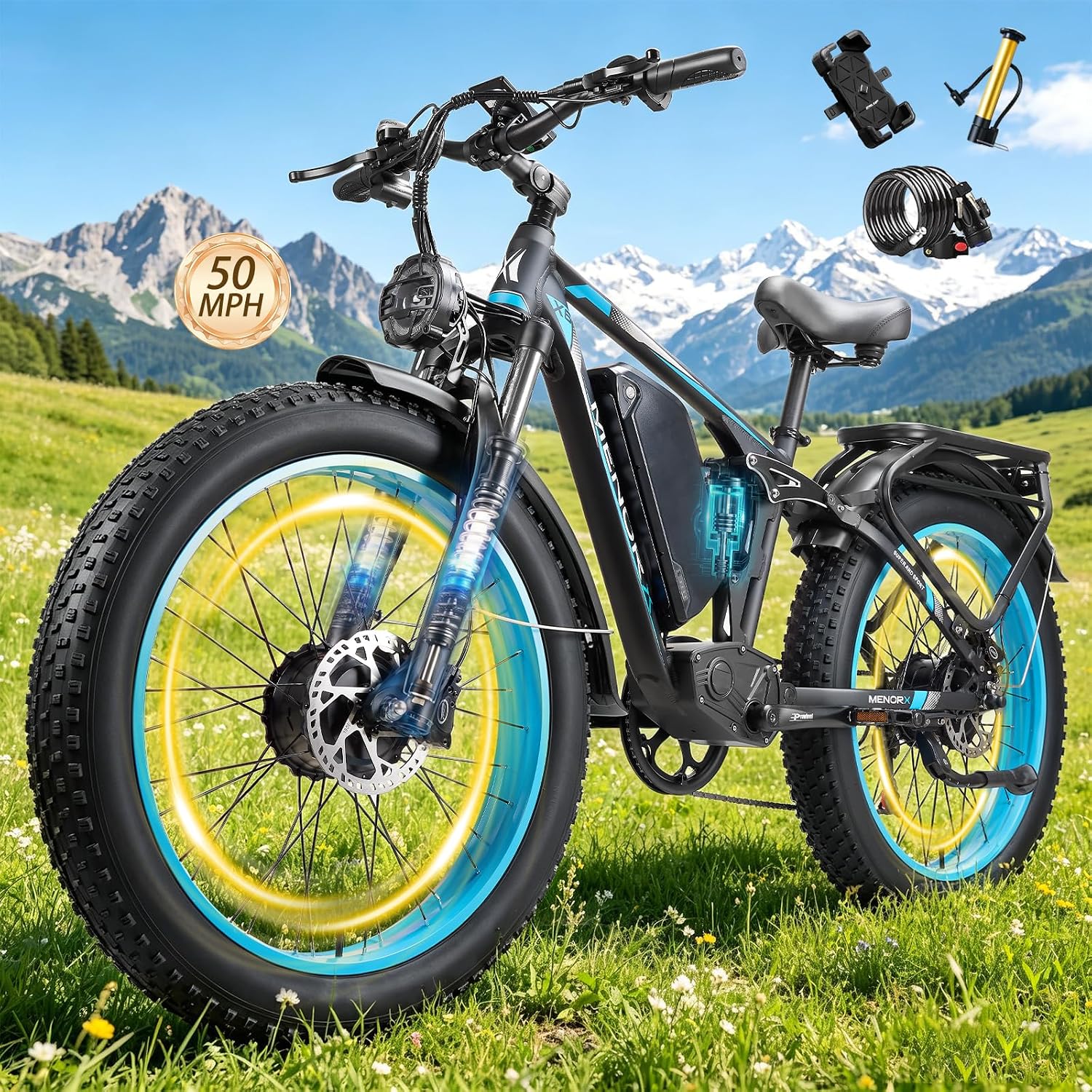 MENORX 8000W Dual Motor Electric Bike for Adults,26" Fat Tire Electric Bike,60V/25Ah Lithium Battery,Up to 50MPH & 120 Miles Range E Bike & Full Suspension All Terrain Ebike